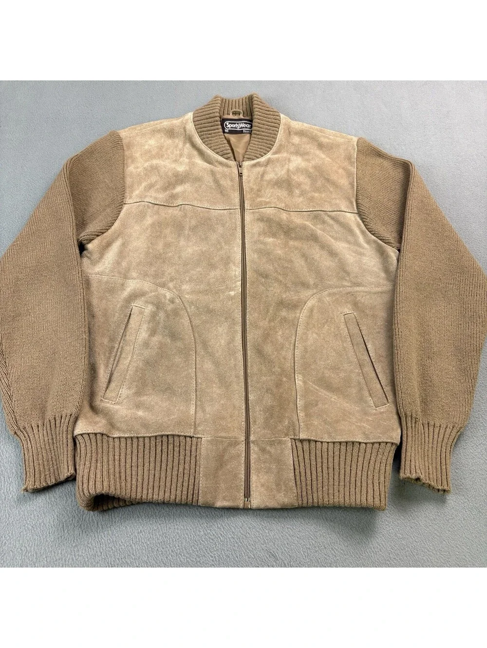 Vintage 70s 80s Sears Sportswear Suede Leather Knit Jacket Size Medium Tan